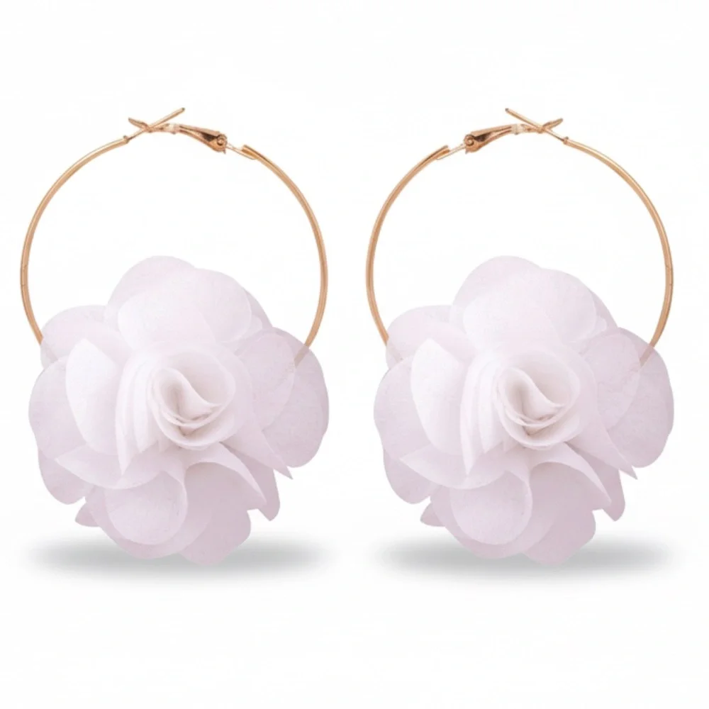 Womens‎ Gold Tone Hoop White Flower Earrings